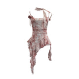 Real Shooting Retro Tie-Dye-Print Mesh Sling Sling Sling Vest Irregular Lotus Leaf Edge Ribbon Sleeveless Top 1185