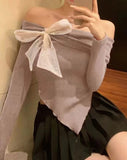 Small Fragrant Wind Bow Bottom Knitted Shirt Long Sleeve Autumn And Winter Single Shoulder Pure Desire Red Top Inside Put On The Inside