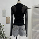 Black Hot Diamond Mesh Spliced Long-Sleeved Top Female Feeling Hot Girl Perspective Body Bottoming Shirt T-Shirt 8951
