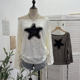 Wasteland Breeze Hot Girl Make Old Hole Star Long-Sleeved Top T-Shirt Loose Drawstring Tethered T-Shirt 6140
