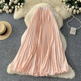 Printed Wave Folding Skirt High Waist Thin Temperament Long Dress Commuter Lattice Half Skirt A-Dress Skirt