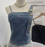 Spice Girls Slanted Shoulder Jeans Slings Vests Women Wearing Irregular Buckle Short Sleeveless Top 653