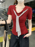 Korean Version Of The College Wind Navy Collar Stripe + Ribbon With Short-Sleeved T-Shirt Women's Summer Heart Machine V Collar Straight Shoulder Chic Top
