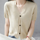 2026 Summer New Temperament Short-Sleeved Knitted Cardigan V-Neck Thin Bottom Thin Top Woman