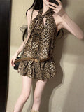 Vintage Babes Leopard Hanging Neck Dress Women's New Thin Waistless Sleeveless Skirt A Short Skirt