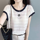 New Crash-Colf Hollow Lace Small Flying Sleeve Top Knitted Shirt Thin Short-Sleeved Women's Summer
