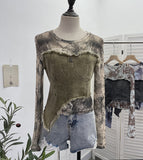 Solid Shooting Tie-Dye Print Spliced Denim T-Shirt Girl Autumn Design Sense Irregular Hair Side Short-Sleeved Top 2617