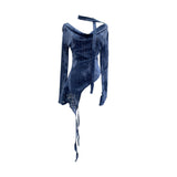Real Shot A Word Shoulder Collar Long Sleeve Broken Hole Knitted Shirt Shirt Slightly Through The Hollow Irregular Ribbon T-Shirt Girl 8098