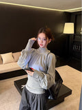 Design-Sensitive Gray Half-Necked Long-Sleeved T-Shirt Blouse Women's Spring 2026 New Korean Linen Shirt