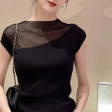 French Translucent Black Knitwear Short-Sleeved Knitted Shirt Female Senior Sleeveless Ice Blouse Thin