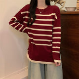 Autumn And Winter Lazy Wind Stripe Round Collar Blouse Korean Chic Chic Age Reduction Long-Sleeved Loose Knitted Shirt Woman