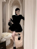 Hepburn Small Black Dress Half-High Collar Long-Sleeved Dress 2025 New Waist-On-Coat Dress Women's Black Fluffy Skirt