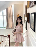 French Pink Bow Sling Dress Women's Summer 2026 New Waist A-Word Princess Punt Skirt