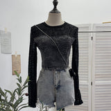 Real Shooting Hottie Letter-Print Mesh Spliced Cowboy Long-Sleeved Bottom Shirt Blouse Short T-Shirt Girl 2623