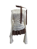 Real Shooting Two Collar Hanging Neck Ribbon Two Long-Sleeved T-Shirt Lace Splicing Chiffon Drawstring T-Shirt 1180