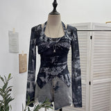 Single Special To The Net Yarn Design Sense Hanging Neck Top Cross Folded Repair Short T-Shirt 1178