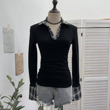 Vintage Check-In Polo Collar Spliced Long-Sleeved T-Shirt Grinder Slimy Wrinkle Bottom Shirt 1390