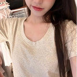 Positive Shoulder Short-Sleeved U-Neck T-Shirt Women's Summer 2025 New Pure Cotton Low Round Collar Basic Explosive Top