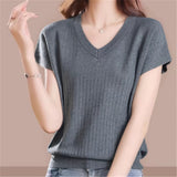 2026 Summer Loose New V-Neck Stripe Simple Short-Sleeved Knitted Shirt Women Large Size Thin Leisure