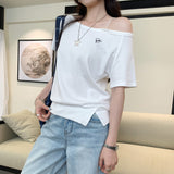 White Slings With Slanted Shoulders To Close The Waist Short-Sleeved T-Shirt For Women's Summer 2026 New Design-Sensitive Beautiful Blouse