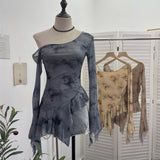 Personality Tie-Dye-Print Oblique Shoulder Dress Repair Irregular Lotus Horn Long-Sleeved Mesh T-Shirt 9955