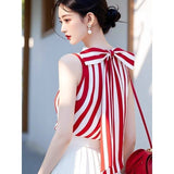 Korean Chic Red Striped Sleeveless Shirt Women's Summer Atmosphere High-End Chic Beautiful Bow Strapped Clothes