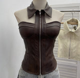 Real Shot With Chest Pad Hanging Neck Sling Vest Babes Design Pu Skin Tight Short Sleeveless Top Woman 1359