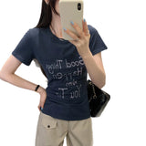 Spice Girls Shoulder Collar Letter Repair White Short-Sleeved T-Shirt Women's Summer 2026 New Super-Good-Looking Top