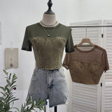 2025 Summer Denim Splicing Mesh Yarn Short-Sleeved T-Shirt Design Fake Two Hot Girl Short Top 26231