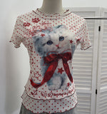 Double-Layer Screen Printed Short-Sleeved T-Shirt For Women's Summer New Dopamine Sweet Moringe Ear Top 2916
