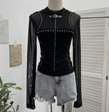 Black Hot Diamond Mesh Spliced Long-Sleeved Top Female Feeling Hot Girl Perspective Body Bottoming Shirt T-Shirt 8951