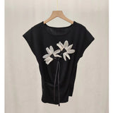 Spring And Summer New Korean Version Of The Fashion Ocean Cross-Fold Waist Fold Three-Dimensional Flowers Knitted Short-Sleeved Top