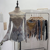 Real Shot One-Word Shoulder Rivet Splicing Dizzy Net Yarn Irregular Long-Sleeved Top Short Repair Hottie T-Shirt 1299