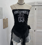 Real Shot With Anti-Slip Letter Print Chest Vest Tsets Lace Splicing Mesh Yarn Irregular Top 1233