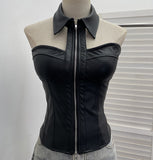Real Shot With Chest Pad Hanging Neck Sling Vest Babes Design Pu Skin Tight Short Sleeveless Top Woman 1359