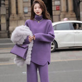Purple High-Collar Knitted Casual Sports Suit Women's Autumn And Winter New Thick Loose Sweater Broad Leg Pants Two Sets Of Tide