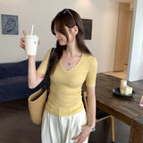Mint Green Knitted Top Women's Summer 2025 New Thin U-Neck Fashion Fashion Slim Slim Slim Short-Sleeved T-Shirt