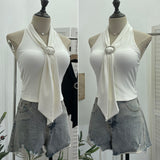 Real Shot With Chest Pad Hanging Neck With Metal Buckle Sling Vest Women Short Knitted Sleeveless Top 9293