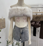 Real Shot Removable Hairy Collar Shoulder Long-Sleeved T-Shirt Repair Body-Wearing Short Thai Tie Top 1370