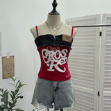 Design-Sensitive Edge Denim Spliced Letter Embroidered Sling Sling Vest T-Girls Short Top 23098