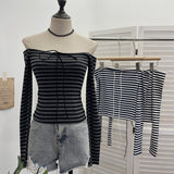 Real Shooting Design With A Word Shoulder Striped Strapped T-Shirt For Women's Spring Long-Sleeved And Shoulder-To-Shoulder Short-Sized Top 8026