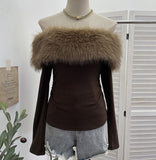 Real Shot Shoulder Hair Collar Long-Sleeved T-Shirt Women Autumn And Winter Retro Hair-Wearing Shirt 13681
