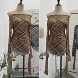Vintage Lattice Mesh Long-Sleeved T-Shirt Irregularly Drifted Y2k Oblique Shoulder Short Top 8073