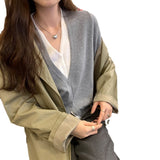 Lyselle Silk Wool Chic Coloring Fake Two V-Neck Knitted Cardigan Sweater Autumn And Winter New Short Top
