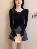 Lace Fashion New Splicing V-Neck 2025 Coat Bow Tie With Waist-Up Small Jersey Knitwear