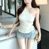 Temperament Beautiful Hottie Wearing Lace Sling Vest Female Collar Open Shoulder Bow Hollow Inside The Top Summer