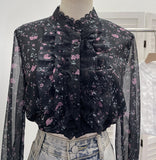Short-Term Umbilled Flower Long-Sleeved Shirt Spliced Lace Lotus Side Single Row Buckle Chiffon Shirt 23810