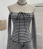 Real Shooting Design With A Word Shoulder Striped Strapped T-Shirt For Women's Spring Long-Sleeved And Shoulder-To-Shoulder Short-Sized Top 8026