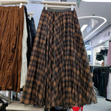 Autumn New Lattice Splicing Large Swing Net Yarn Half-Dress Classic High-Rise Slim A-Character Long Skirt Woman