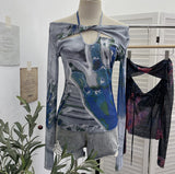 Spice Girls Slapout Twisted Kinesi Hanging Neck Mesh Printing Unique Design Long-Sleeved T-Shirt Embanded Backclothed 2772